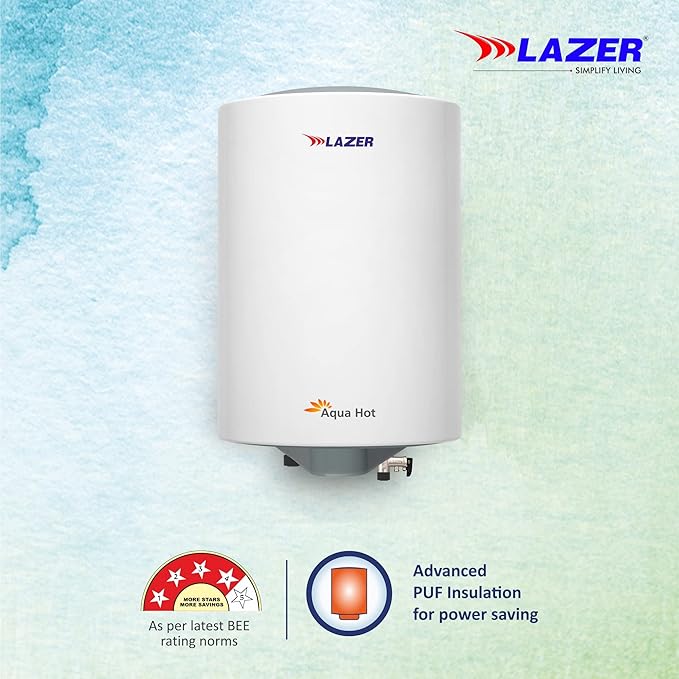 Lazer Aqua Hot 25liter Blue gem Glassline Electric Storage Geyser Water Heater Advance PUF Insulation With Installtion Kit(White Grey)