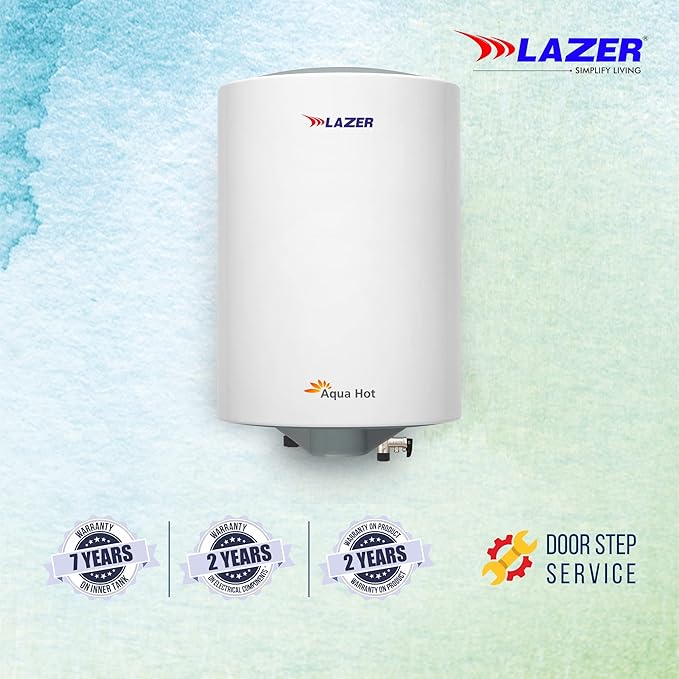 Lazer Aqua Hot 25liter Blue gem Glassline Electric Storage Geyser Water Heater Advance PUF Insulation With Installtion Kit(White Grey)