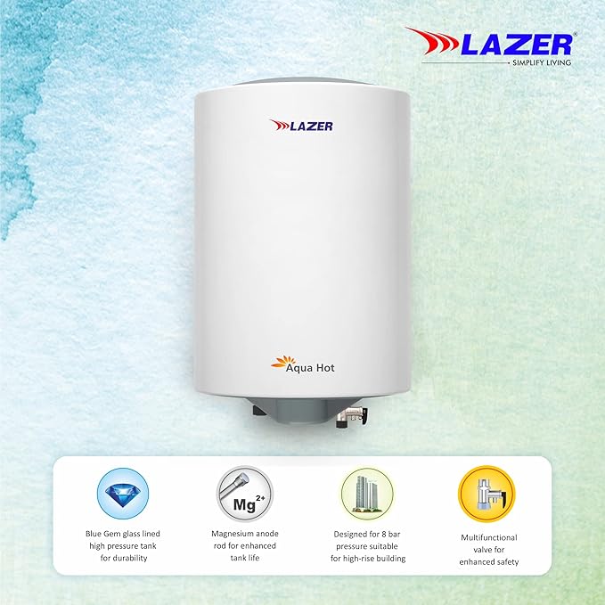 Lazer Aqua Hot 25liter Blue gem Glassline Electric Storage Geyser Water Heater Advance PUF Insulation With Installtion Kit(White Grey)