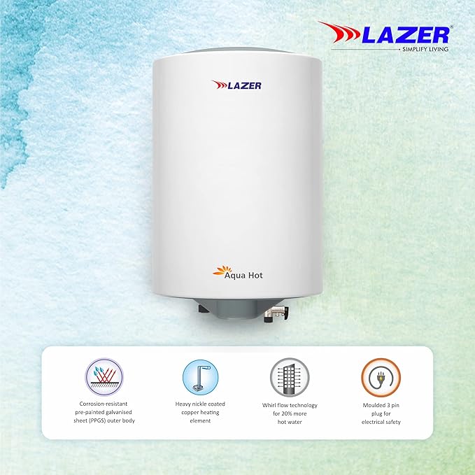 Lazer Aqua Hot 25liter Blue gem Glassline Electric Storage Geyser Water Heater Advance PUF Insulation With Installtion Kit(White Grey)