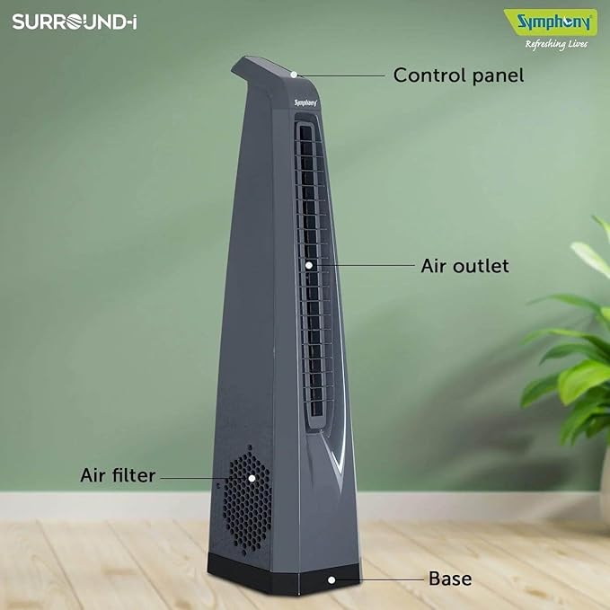 Symphony Surround-i Tower Fan for Home With High Speed Bladeless Technology Touchscreen Control Panel, Remote, and Swivel Action, (Grey)