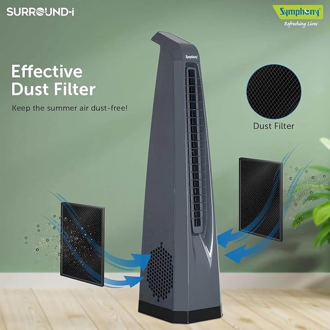 Symphony Surround-i Tower Fan for Home With High Speed Bladeless Technology Touchscreen Control Panel, Remote, and Swivel Action, (Grey)