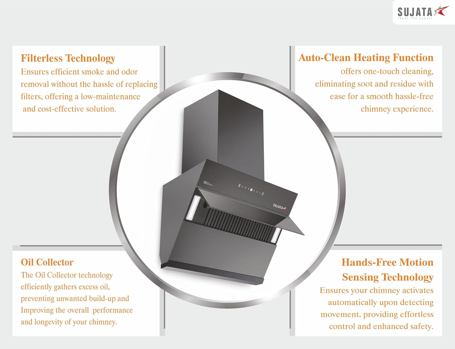 Sujata 1650 m³/hr Chimney for Kitchen 90cm