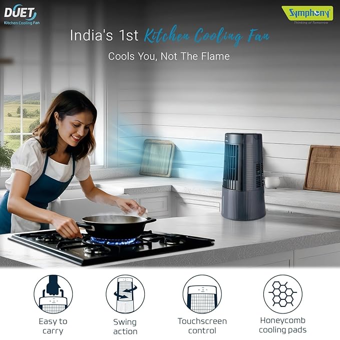 Symphony Duet-i Personal Kitchen Cooling Fan For Home and Office Tabletop with Honeycomb Pad, Powerful Blower