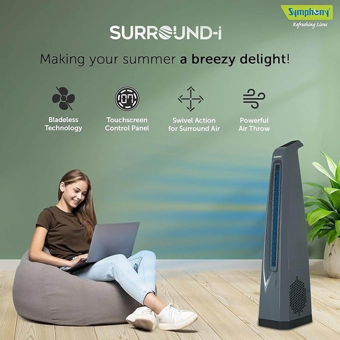 Symphony Surround-i Tower Fan for Home With High Speed Bladeless Technology Touchscreen Control Panel, Remote, and Swivel Action, (Grey)