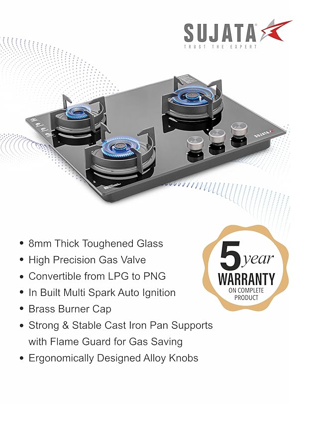 Sujata Indium Build in Hobs 3 Burner Auto Ignition 5 Years Warranty