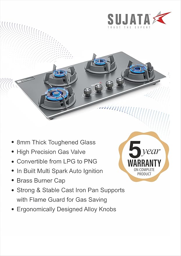 Sujata Osmium Auto Ignition 4 Burners | 5 Years Warranty