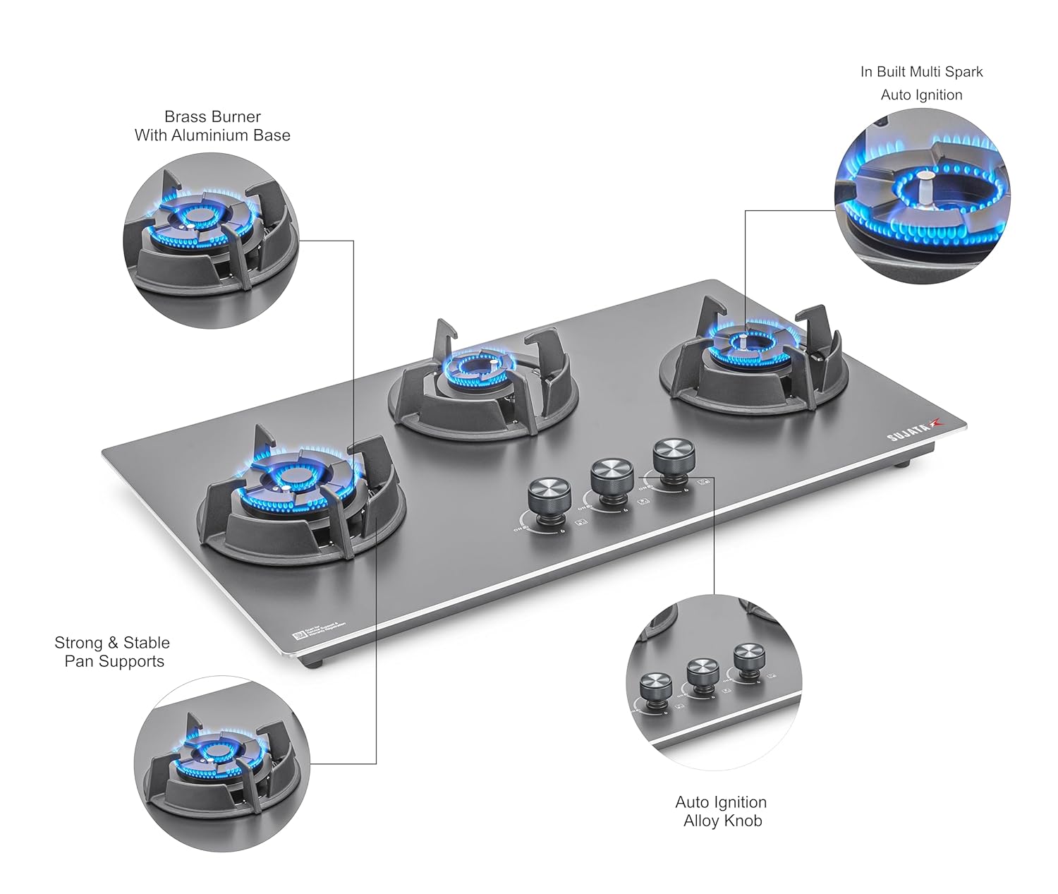 Sujata 3 Burners Built-In Hob Osmium Auto Ignition Chromatic Steel 5 Years Warranty