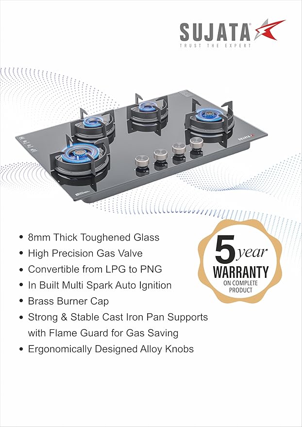 Sujata Indium Auto Ignition - Black 4 Burners | 5 Years Warranty
