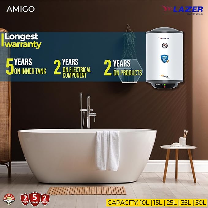 Lazer Amigo Plus Geyser 10 Ltr With 5 Star BEE Rating  Vertical Water Heater (With Installation Kit)