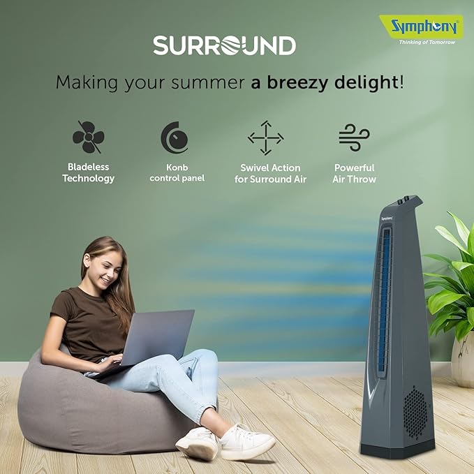 Symphony Surround High Speed Bladeless Technology Tower Fan for Home With Swivel Action, Dust Filter, and Low Power Consumption (Grey)