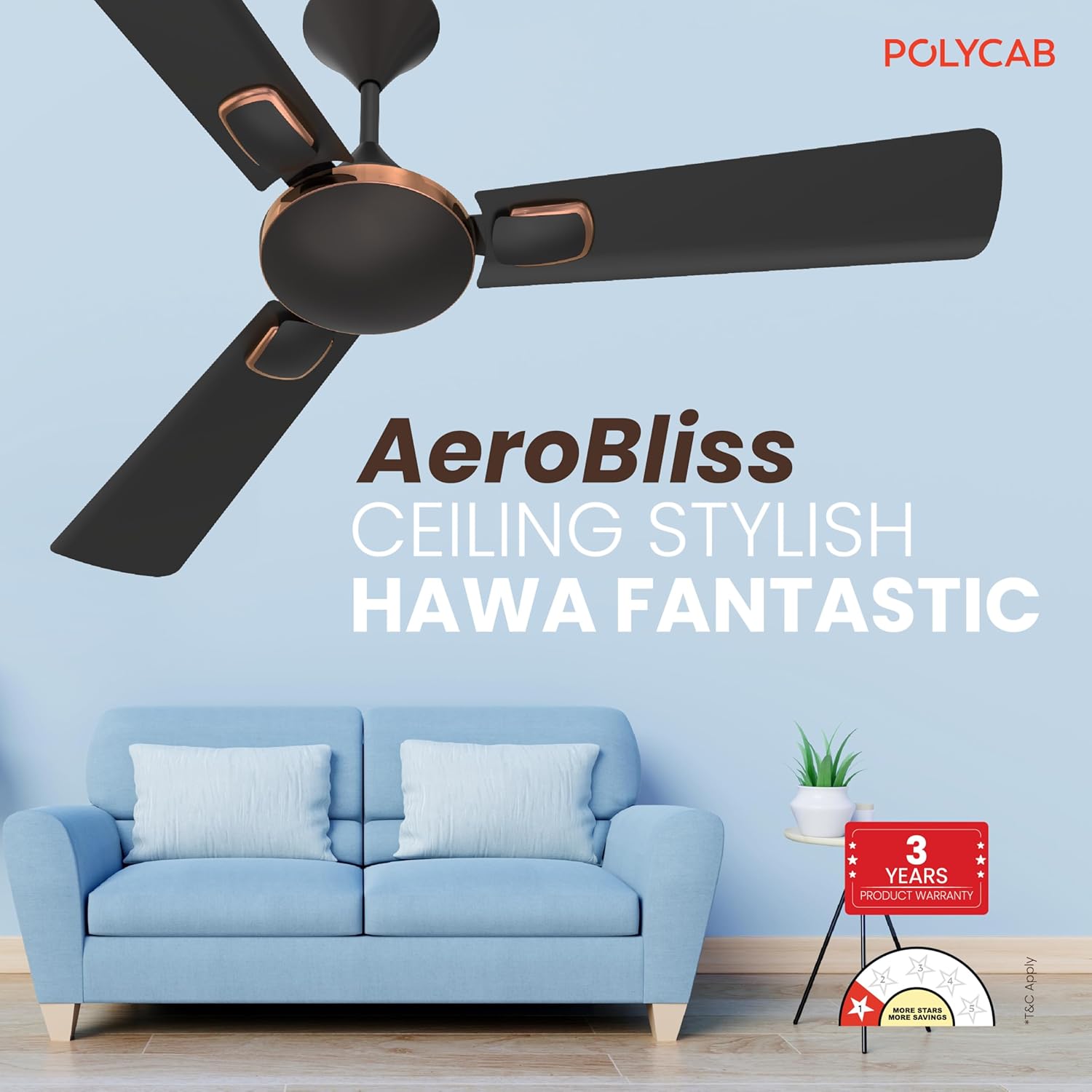 Polycab Aerobliss 1200 mm 1 Star Ceiling Fan (Onxy Black)