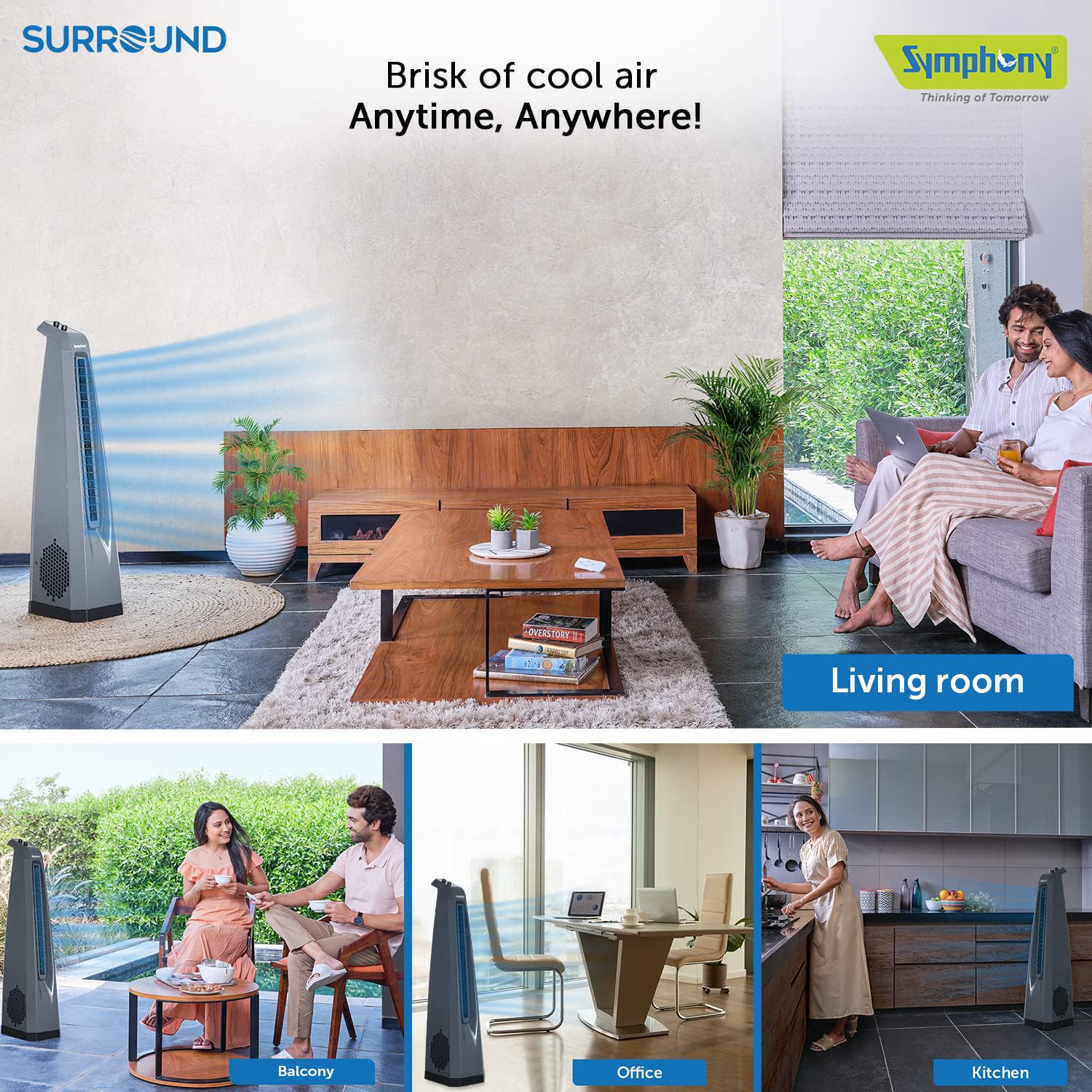 Symphony Surround High Speed Bladeless Technology Tower Fan for Home With Swivel Action, Dust Filter, and Low Power Consumption (Grey)