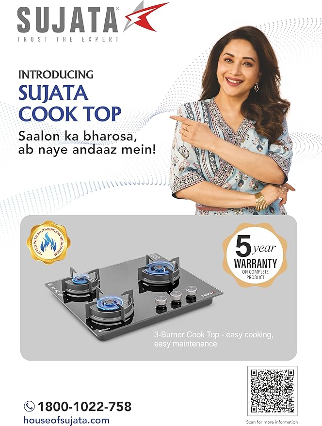 Sujata Indium Build in Hobs 3 Burner Auto Ignition 5 Years Warranty