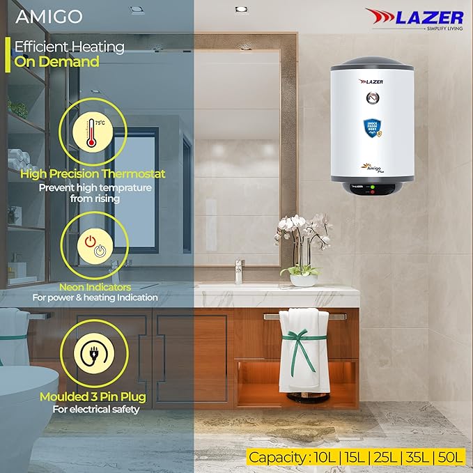 Lazer Amigo Plus Geyser 10 Ltr With 5 Star BEE Rating  Vertical Water Heater (With Installation Kit)