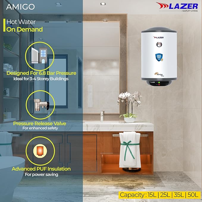 Lazer Amigo Plus Geyser 10 Ltr With 5 Star BEE Rating  Vertical Water Heater (With Installation Kit)