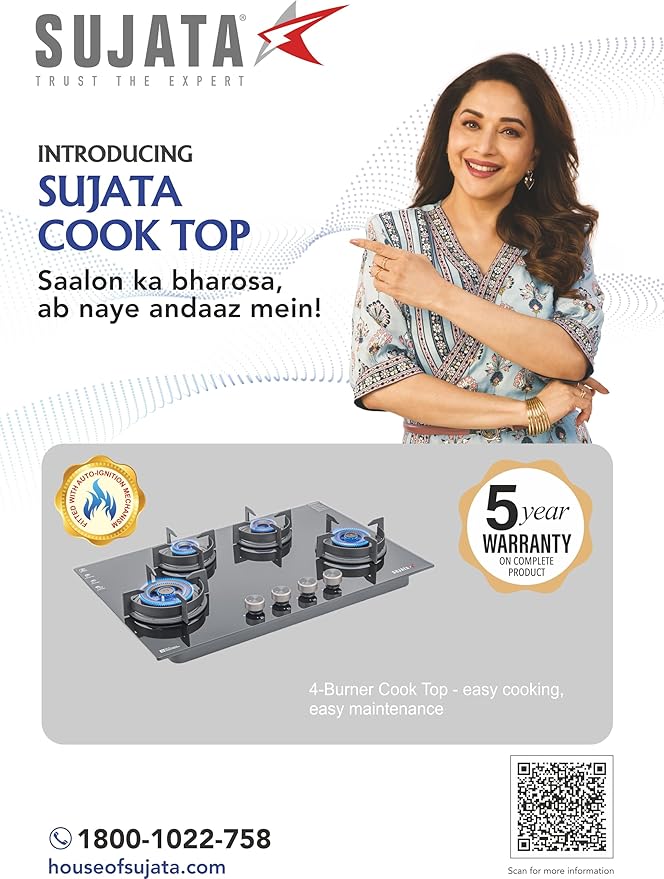 Sujata Indium Auto Ignition - Black 4 Burners | 5 Years Warranty