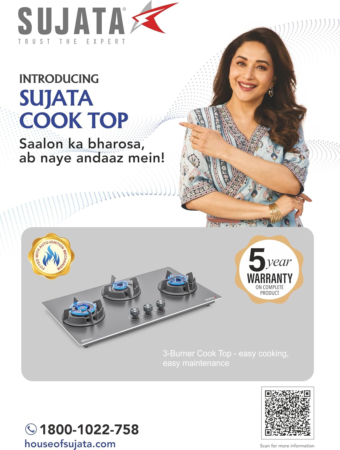 Sujata 3 Burners Built-In Hob Osmium Auto Ignition Chromatic Steel 5 Years Warranty