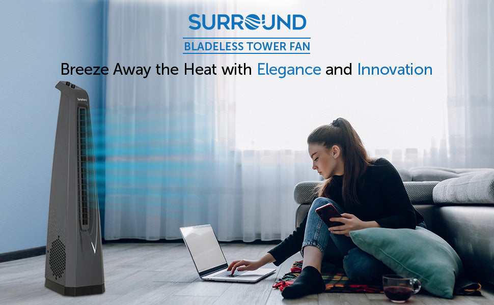 Symphony Surround High Speed Bladeless Technology Tower Fan for Home With Swivel Action, Dust Filter, and Low Power Consumption (Grey)